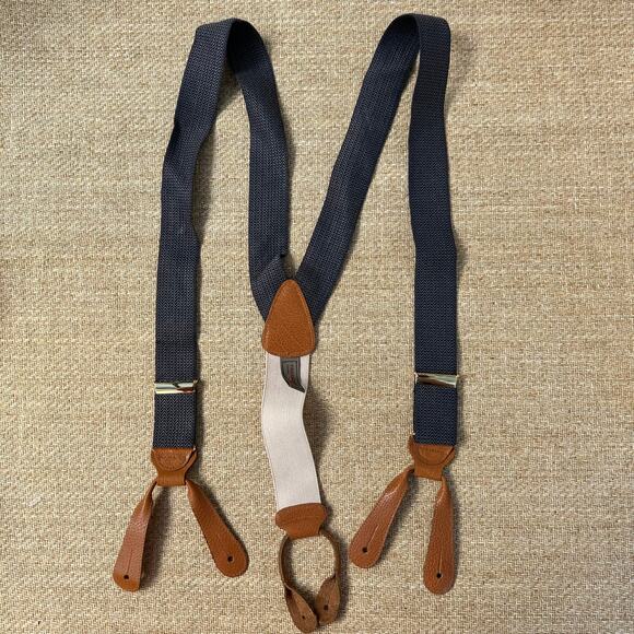 Trafalgar Suspenders Cream Navy Gray Leather Button On Braces USA Made - Picture 1 of 12